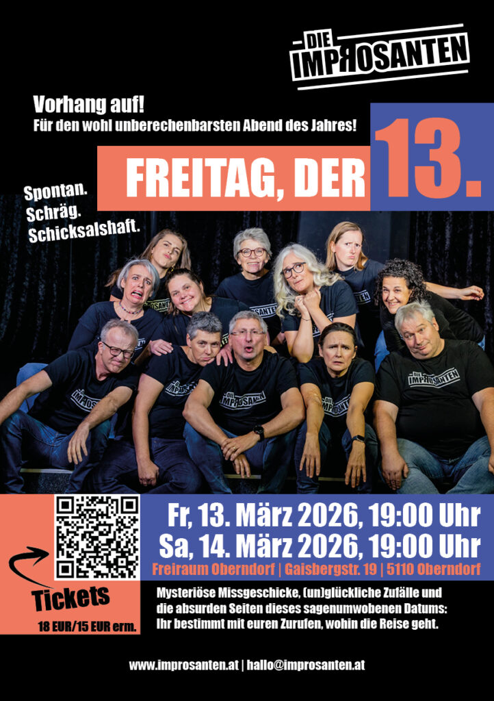 Die Improsanten: Freitag der Dreizehnte - Flyer für die Auftritte im Freiraum Oberndorf 2026